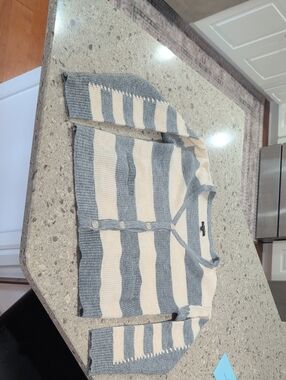 Flag And Anthem Striped V-Neck Button-Up Sweater - Gray & Cream